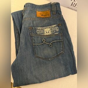 Lng Jeans Research Group Men’s 32x30 Button Fly Blue Denim Graphic Pocket